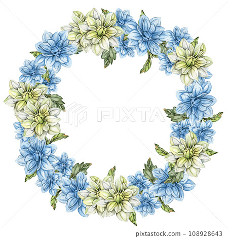 Flowers wreath with dahlia, watercolor illustration for cards, backgrounds. Watercolor illustration for scrapbooking. Hand drawn background with flower for your design. Perfect for wedding invitation. 108928643