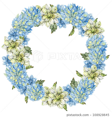 Flowers wreath with dahlia, watercolor illustration for cards, backgrounds. Watercolor illustration for scrapbooking. Hand drawn background with flower for your design. Perfect for wedding invitation. Flowers wreath with dahlia, watercolor illustration for cards, backgrounds. Watercolor illustration for scrapbooking. Hand drawn background with flower for your design. Perfect for wedding invitation. 108928645