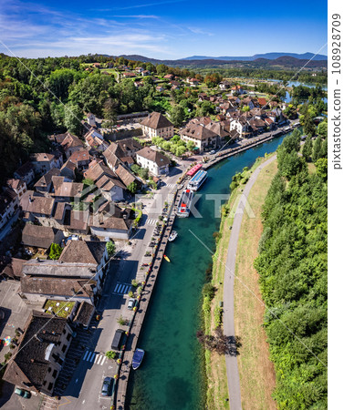 Aerial view of Chanaz, Canal de Savieres in Savoie, France Aerial view of Chanaz, Canal de Savieres in Savoie, France 108928709