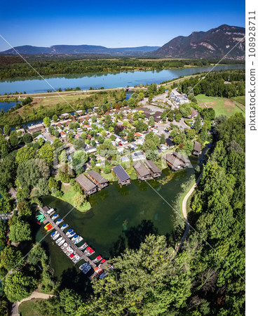 Aerial view of Chanaz, Canal de Savieres in Savoie, France Aerial view of Chanaz, Canal de Savieres in Savoie, France 108928711
