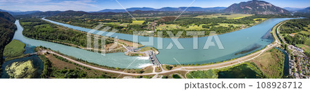 Aerial view of Chanaz, Canal de Savieres in Savoie, France Aerial view of Chanaz, Canal de Savieres in Savoie, France 108928712