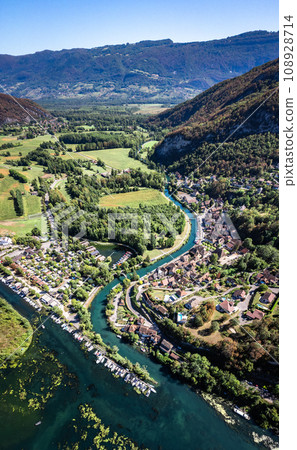 Aerial view of Chanaz, Canal de Savieres in Savoie, France Aerial view of Chanaz, Canal de Savieres in Savoie, France 108928714