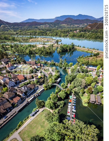 Aerial view of Chanaz, Canal de Savieres in Savoie, France Aerial view of Chanaz, Canal de Savieres in Savoie, France 108928715