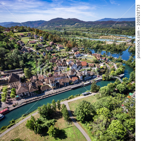 Aerial view of Chanaz, Canal de Savieres in Savoie, France Aerial view of Chanaz, Canal de Savieres in Savoie, France 108928733