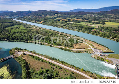 Aerial view of Chanaz, Canal de Savieres in Savoie, France Aerial view of Chanaz, Canal de Savieres in Savoie, France 108928740