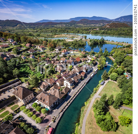 Aerial view of Chanaz, Canal de Savieres in Savoie, France Aerial view of Chanaz, Canal de Savieres in Savoie, France 108928741
