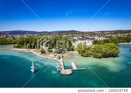 Aerial view of Annecy city Centre, plage de l imperial or imperial beach in Haute Savoie, France 108928749