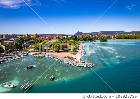 Aerial view of Annecy city Centre, plage des marquisats or marquisats beach, in Haute Savoie, France 108928759
