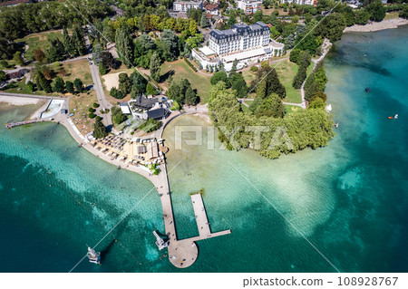 Aerial view of Annecy city Centre, plage de l imperial or imperial beach in Haute Savoie, France 108928767