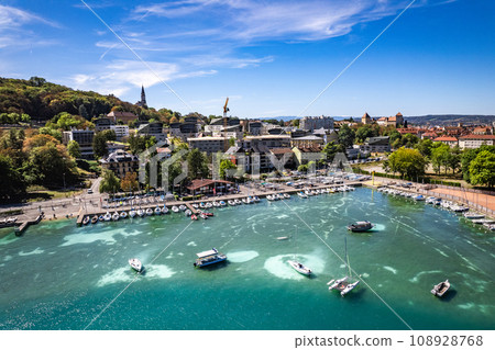 Aerial view of Annecy city Centre, plage des marquisats or marquisats beach, in Haute Savoie, France Aerial view of Annecy city Centre, plage des marquisats or marquisats beach, in Haute Savoie, France 108928768