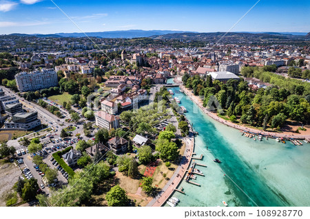 Aerial view of Annecy city Centre, gardens of Europe or jardins de l europe, in Haute Savoie, France 108928770