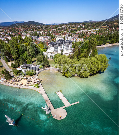 Aerial view of Annecy city Centre, plage de l imperial or imperial beach in Haute Savoie, France Aerial view of Annecy city Centre, plage de l imperial or imperial beach in Haute Savoie, France 108928780