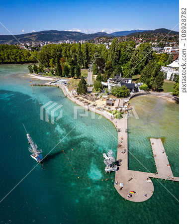Aerial view of Annecy city Centre, plage de l imperial or imperial beach in Haute Savoie, France Aerial view of Annecy city Centre, plage de l imperial or imperial beach in Haute Savoie, France 108928782