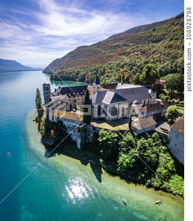 Aerial view of Abbey of Hautecombe, or Abbaye d'Hautecombe, in Savoie, France Aerial view of Abbey of Hautecombe, or Abbaye d'Hautecombe, in Savoie, France 108928798