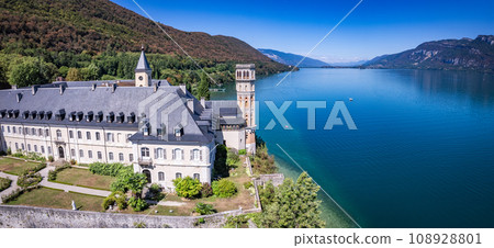 Aerial view of Abbey of Hautecombe, or Abbaye d'Hautecombe, in Savoie, France Aerial view of Abbey of Hautecombe, or Abbaye d'Hautecombe, in Savoie, France 108928801