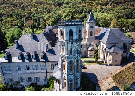Aerial view of Abbey of Hautecombe, or Abbaye d'Hautecombe, in Savoie, France Aerial view of Abbey of Hautecombe, or Abbaye d'Hautecombe, in Savoie, France 108928849