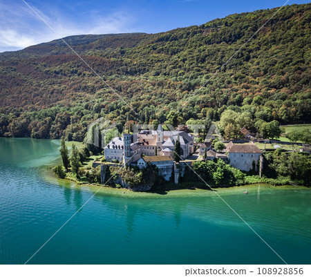 Aerial view of Abbey of Hautecombe, or Abbaye d'Hautecombe, in Savoie, France Aerial view of Abbey of Hautecombe, or Abbaye d'Hautecombe, in Savoie, France 108928856