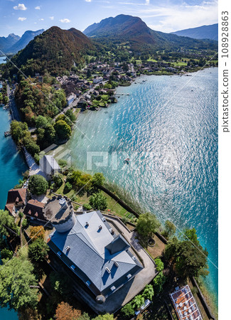 Aerial view of Duingt castle or Chateau de Duingt in Annecy lake, Haute Savoie, France Aerial view of Duingt castle or Chateau de Duingt in Annecy lake, Haute Savoie, France 108928863