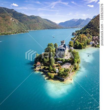 Aerial view of Duingt castle or Chateau de Duingt in Annecy lake, Haute Savoie, France 108928876