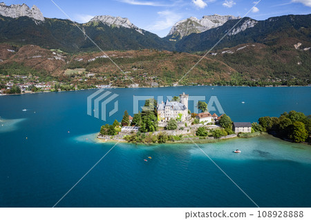 Aerial view of Duingt castle or Chateau de Duingt in Annecy lake, Haute Savoie, France 108928888
