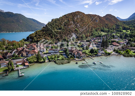 Aerial view of Duingt castle or Chateau de Duingt in Annecy lake, Haute Savoie, France Aerial view of Duingt castle or Chateau de Duingt in Annecy lake, Haute Savoie, France 108928902