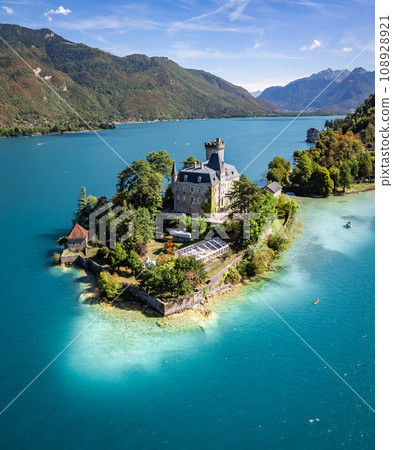 Aerial view of Duingt castle or Chateau de Duingt in Annecy lake, Haute Savoie, France 108928921