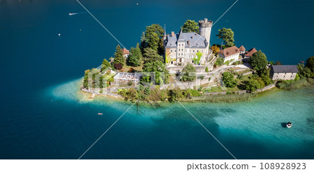 Aerial view of Duingt castle or Chateau de Duingt in Annecy lake, Haute Savoie, France 108928923