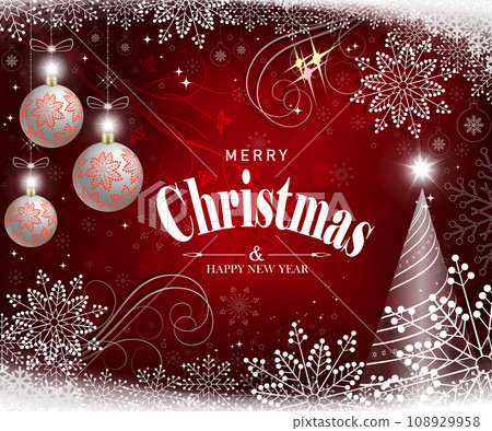Red christmas background with white balls, graceful snowflakes and christmas tree Red christmas background with white balls, graceful snowflakes and christmas tree 108929958