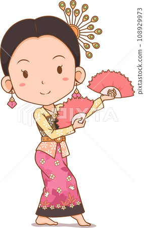 Cartoon character of traditional Thai dancer girl. Tarikipas folk dance of southern Thailand. 108929973