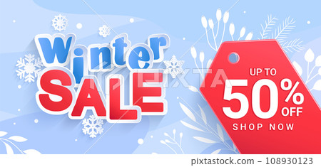 Winter sale horizontal banner on floral backdrop. Winter sale horizontal banner on floral backdrop. 108930123