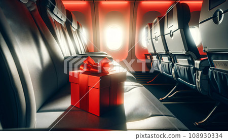 Vibrant Red Gift Box on Airplane Seats, Ambient Light 108930334