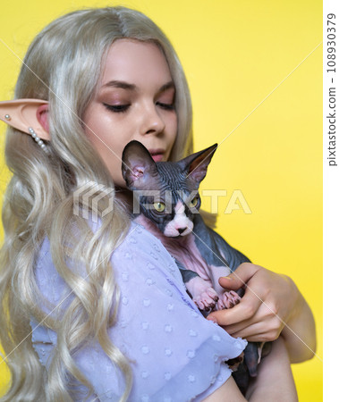 Close-up view of cosplay elf young female with Sphynx cat on yellow background 108930379