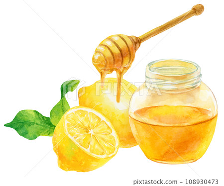 Honey lemon watercolor illustration, 2 lemons, honey dipper, honey bottle 108930473