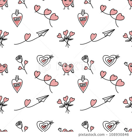 Romantic doodle pattern for Valentines Day. Vector illustration. 108930846