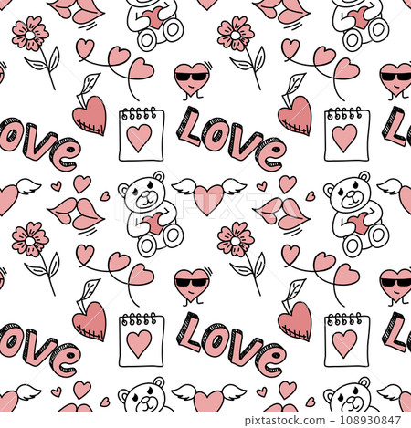 Romantic doodle pattern for Valentines Day. Vector illustration. 108930847