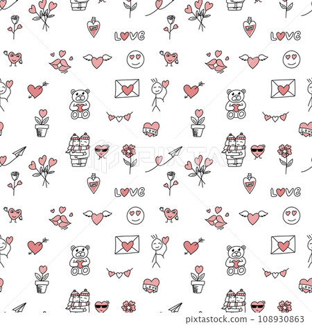 Romantic doodle pattern for Valentines Day. Vector illustration. Romantic doodle pattern for Valentines Day. Vector illustration. 108930863