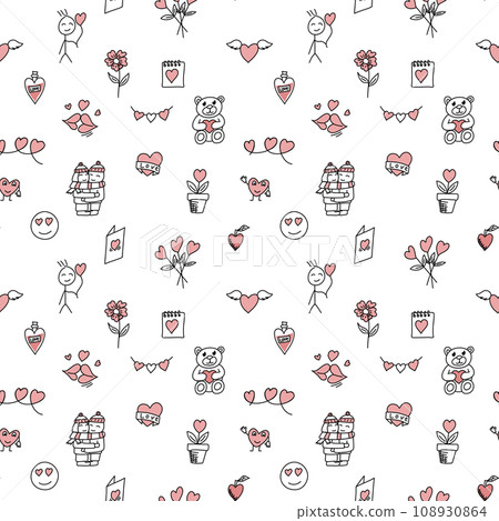 Romantic doodle pattern for Valentines Day. Vector illustration. Romantic doodle pattern for Valentines Day. Vector illustration. 108930864