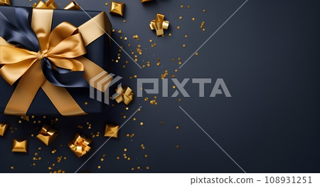 Merry Christmas and Happy New Year background with gold and blue baubles and gift boxes. 3d rendering Merry Christmas and Happy New Year background with gold and blue baubles and gift boxes. 3d rendering 108931251