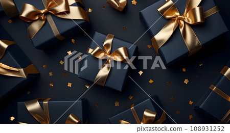 Merry Christmas and Happy New Year background with gold and blue baubles and gift boxes. 3d rendering 108931252
