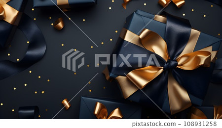 Merry Christmas and Happy New Year background with gold and blue baubles and gift boxes. 3d rendering Merry Christmas and Happy New Year background with gold and blue baubles and gift boxes. 3d rendering 108931258