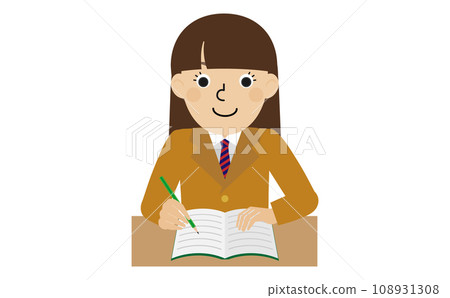 A brown-haired Japanese woman wearing a blazer school uniform is trying to write something with a pencil in a notebook in front of her desk. 108931308