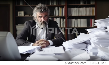 Middle-aged Caucasian man in office with a lot of papers to work. 108931343