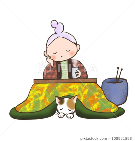 Illustration of a grandmother and cat relaxing at a kotatsu 108931898