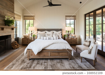 Farmhouse interior design of modern bedroom with hardwood floor. Generative AI Farmhouse interior design of modern bedroom with hardwood floor. Generative AI 108932109