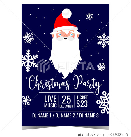 Christmas party invitation poster or banner with funny cartoon Santa Claus and snowflakes on blue background. Invite to celebrate Christmas Eve and winter holidays in festive and cheerful ambiance. 108932335