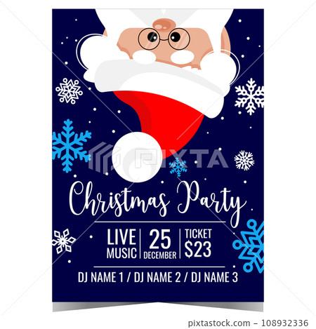 Christmas party poster or banner with funny Santa Claus hanging upside down and inviting to celebrate winter holidays in festive and cheerful ambiance. Vector illustration in flat style. 108932336