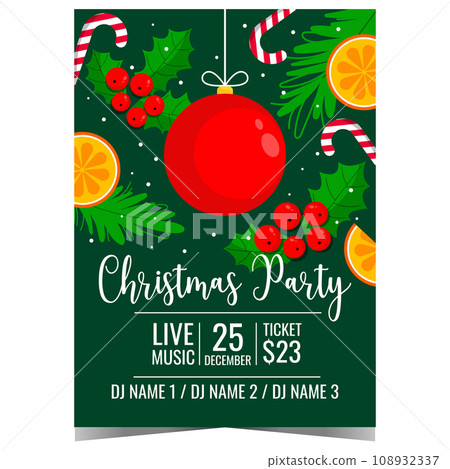 Christmas party invitation with holidays decorations as red Christmas ball, holly berries and traditional candy canes. Invite, poster or banner to celebrate Christmas in happy and cheerful atmosphere. Christmas party invitation with holidays decorations as red Christmas ball, holly berries and traditional candy canes. Invite, poster or banner to celebrate Christmas in happy and cheerful atmosphere. 108932337
