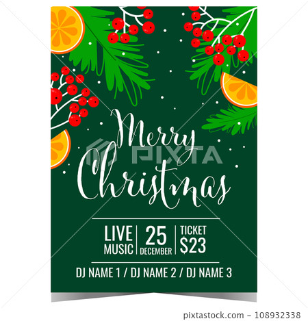 Party invitation to celebrate Christmas in festive and cheerful ambiance. Merry Christmas event invite, promo poster or banner with winter holidays decorations. Vector illustration in flat style. Party invitation to celebrate Christmas in festive and cheerful ambiance. Merry Christmas event invite, promo poster or banner with winter holidays decorations. Vector illustration in flat style. 108932338