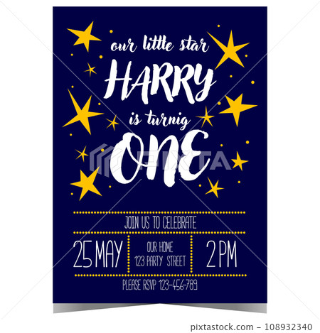 Invitation card for children's birthday party with bright yellow stars on a blue background to celebrate the anniversary with boys and girls in festive and cheerful ambiance. 108932340