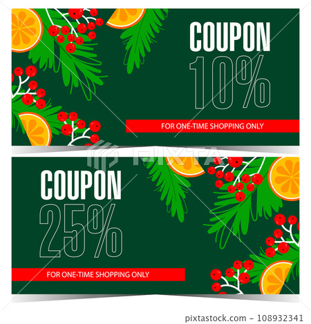 Discount coupon for Christmas shopping season with holiday decoration elements and price reduction percent indicated. Can be used as sale and special offer ticket, talon, gift voucher or certificate. 108932341
